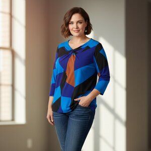 INC International Women’s Top y2k 2000s Concepts Draped Plus Size 3X Blue Print